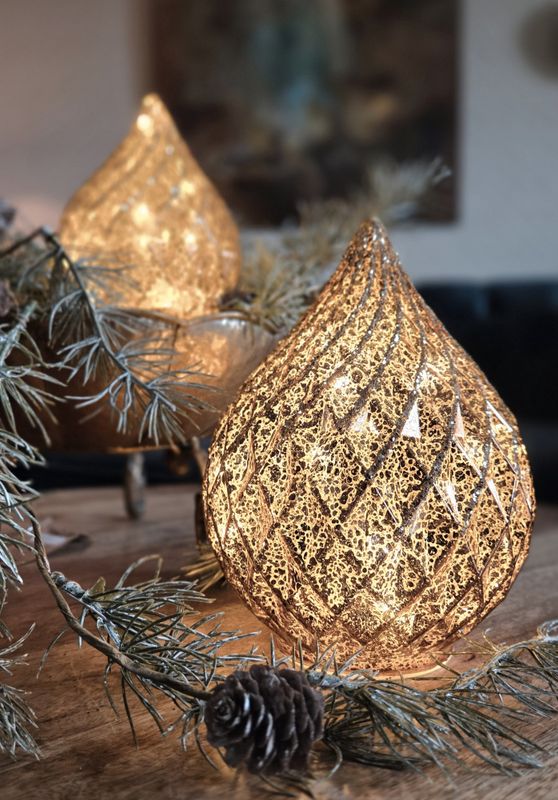 Dråpe glass led gull glitter stor