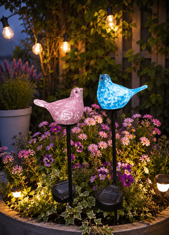 Blomsterpinne glassfugl blå solar